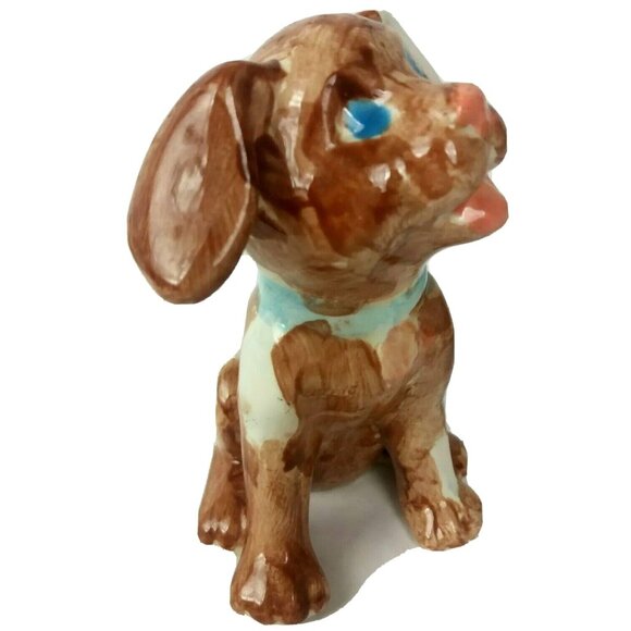 Vintage Ceramic Puppy Dog Figurine Glazed Brown White Ear Blue Eyes - Picture 5 of 6